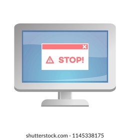 Internet website access prohibition concept with desktop monitor screen with stop message. Web ban forbidden symbol. Global communication problems and modern technologies. Vector illustration.