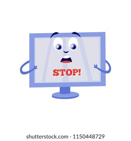 Internet website access prohibition concept with desktop monitor screen character with shocked facial expression and stop message. Web ban forbidden symbol. Vector isolated illustration.