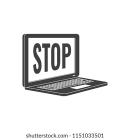 Internet website access prohibition concept with laptop screen with stop message black outline icon. Web ban, forbidden symbol. Global communication problem modern technologies. Vector illustration