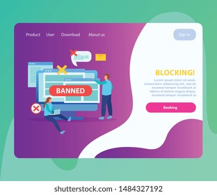Internet website blocking abusive users ip addresses flat landing page with banned messages bubbles symbols vector illustration 