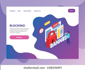 Internet website blocking abusive users  isometric landing page with banned stop lock prohibition signs symbols vector illustration 