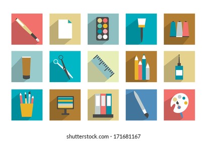Internet, website icons set. Collection of long shadows flat work office pictogram. 