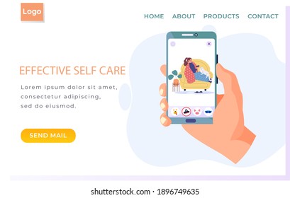 Internet website layout. Effective self care concept. Photo of woman wrapped in blanket drinking tea and stroking cat. Prevention of spread of cold. Sick girl take medication on self-isolation