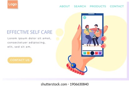 Internet website layout. Effective self care concept. Photo of parents giving medicine to child. Dad holds daughter wrapped in blanket in his arms. Mom holds out spoon with potion to little girl