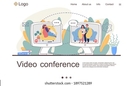 Internet website layout. People communicate via video conference. Friends being treated at home. Man and woman in blanket drink tea. Protect human health concept. Woman wrapped in blanket stroking cat