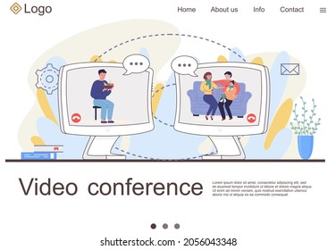 Internet website layout. People on self-isolation communicate via video conference on their computers. Parents treat daughter. Man holds plate of fresh fruit. Internet communication concept