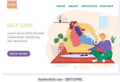 Internet website layout. Self care concept. Sick girl drinks tea and communicates with guy. Man spends time with his girlfriend in apartment. Woman wrapped in blanket takes antiviral and strokes cat
