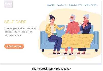 Internet website layout. Self care concept. Woman helping elderly sick couple in apartment. Husband and wife wrapped in blanket are ill at home. People on self-isolation spend time in quarantine