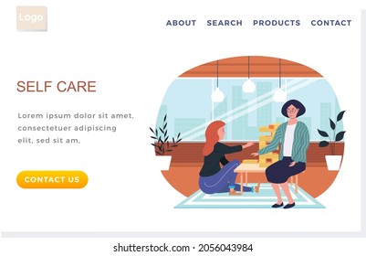 Internet website layout. Self care concept. Woman play Tower and spend time together at home. People with board game communicate in apartment. Landing page template. Prevention of spread of cold