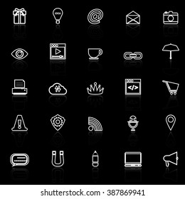 Internet website line icons with reflect on black, stock vector