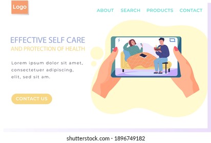 Internet website page layout. Guy gives fresh fruit to sick girl. Effective self care and protection of health. Application home page design. Woman taking medicine. Prevention of spread of covid-19
