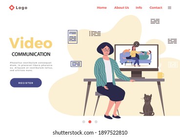 Diseño de página web de Internet. Concepto de comunicación de vídeo. Mujer mirando el monitor con personas tratadas. La chica da té a una persona enferma. El hombre mide la temperatura. El carácter masculino yace con el termómetro
