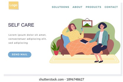 Internet website page layout. Woman helping sick girl to treat. Self care and treatment concept. Paid program for diagnostics. Application home page design. Prevention of spread of cold and covid-19