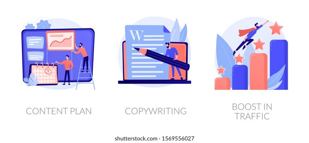 Internet website promotion, SEO strategy icons set. Audience increase, business solutions. Content plan, copywriting, boost in traffic metaphors. Vector isolated concept metaphor illustrations