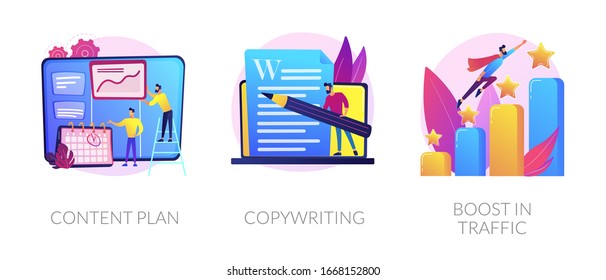 Internet website promotion, SEO strategy icons set. Audience increase, business solutions. Content plan, copywriting, boost in traffic metaphors. Vector isolated concept metaphor illustrations