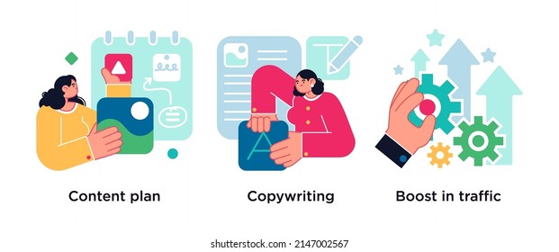 Werbung für Internetseiten, SEO-Strategie-Symbole. Publikumswachstum, Unternehmenslösungen. Content-Plan, Copywriting, Steigerung der Verkehrsmetaphern.