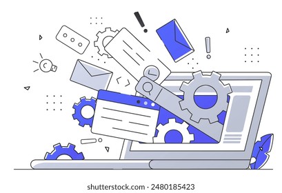 Internet websites concept. Laptop with webpages and pictures. Information and knowledges online. Wireless connection and communication. Linear flat vector illustration isolated on white background