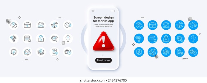 Internet, Windmill turbine and Chemistry lab line icons. Phone mockup with 3d danger icon. Pack of Seo idea, Cogwheel timer, Power safety icon. Vector