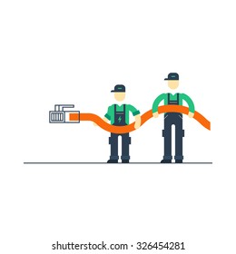 Internet Wire Connection. Support Team, Workers With Cable Connecting To Internet, Vector Illustration