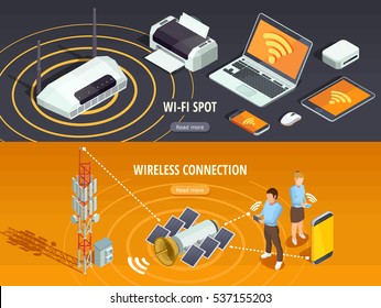 Internet wireless connection 2 isometric horizontal banners set with satellite signal and mobile devices isolated vector illustration 