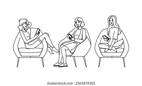 internet woman using phone sitting vector. lifestyle communication, smart young, sofa female internet woman using phone sitting character. people black line illustration