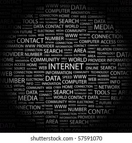 INTERNET. Composición de palabras sobre fondo negro. Ilustración con diferentes términos de asociación.