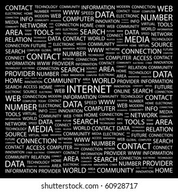 INTERNET. Word collage on black background. Illustration with different association terms.