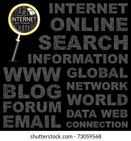 INTERNET. Composición de palabras sobre fondo negro. Ilustración vectorial. Ilustración con diferentes términos de asociación.