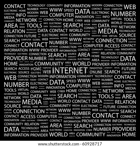 INTERNET. Word collage on black background. Illustration with different association terms.