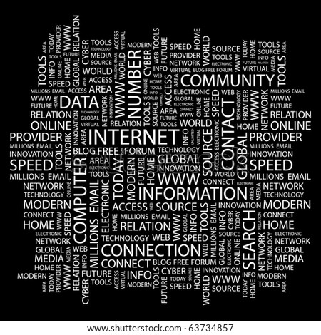 INTERNET. Word collage on black background. Illustration with different association terms.