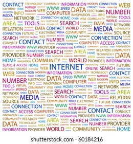 INTERNET. Composición de palabras sobre fondo blanco. Ilustración con diferentes términos de asociación.