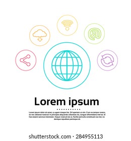 Internet World Connection Earth Logo Technologies Web Communication Thin Line Simple Icons Set Colorful Collection Minimalistic Style