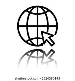 Internet world simple icon. Flat design. Black icon with mirror reflection. White background.ai