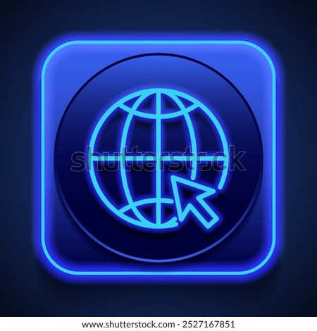 Internet world simple icon. Flat design. Blue neon style on button. With shadow.ai