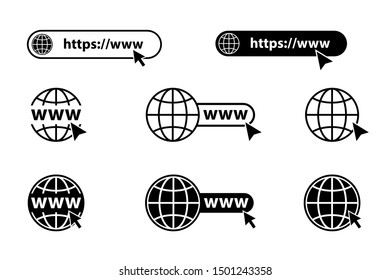 Internet. Icono Www. Icono de sitio Web. Vaya al sitio web. Conjunto de iconos de sitios web o vectores de Internet para aplicaciones y sitios web. Iconos de Internet. Con cursor.