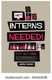 Interns needed! (Flat Style Vector Illustration Recruitment Poster Design) With Text Box Template 