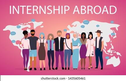 Internship abroad poster vector template. Students exchange program. Brochure, cover, booklet page concept with flat illustrations. International friendship. Advertising flyer, leaflet, banner layout