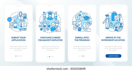 Internship abroad procedure onboarding mobile app page screen. Submit application walkthrough 4 steps graphic instructions with concepts. UI, UX, GUI vector template with linear color illustrations