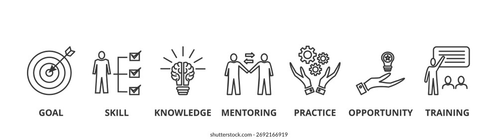 Internship banner vector illustration concept with icon of goal, skills, knowledge, mentoring, practice, opportunity, and training