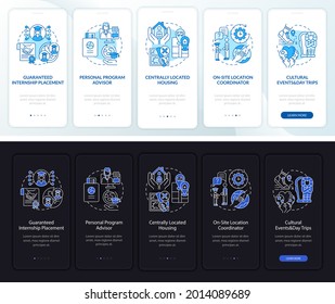 Internship benefits onboarding mobile app page screen. Intern placement walkthrough 5 steps graphic instructions with concepts. UI, UX, GUI vector template with linear night and day mode illustrations