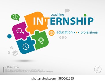 Internship Business Concept Word Cloud On Colorful Jigsaw Puzzle. Infographic Business For Graphic Or Web Design Layout 