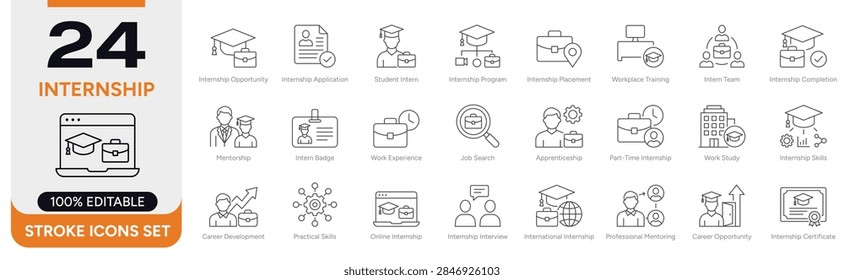 Internship and Career Development Thin Line Vector Icons Set – Editable Stroke Symbols for Student Training and Mentorship   