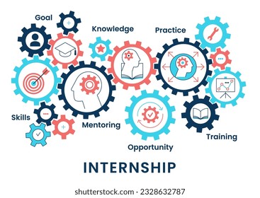 Internship concept. Banner with keywords and icons. Concept with icon of goal, skills, knowledge, mentoring, practice, opportunity, and training. Vector illustration.