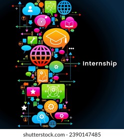 Internship concept. Banner with keywords and icons. Concept with icon of goal, skills, knowledge, mentoring, practice, opportunity, and training. Vector illustration.