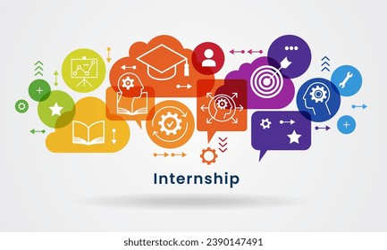 Internship concept. Banner with keywords and icons. Concept with icon of goal, skills, knowledge, mentoring, practice, opportunity, and training. Vector illustration.