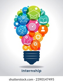 Concepto de pasantías. Cartel con palabras clave e iconos. Concepto con ícono de meta, habilidades, conocimiento, mentoría, práctica, oportunidad y capacitación. Ilustración vectorial.