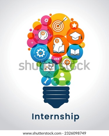 Internship concept. Banner with keywords and icons. Concept with icon of goal, skills, knowledge, mentoring, practice, opportunity, and training. Vector illustration.