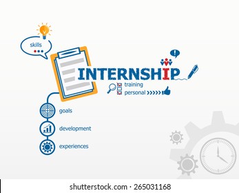 Internship concept and notebook for efficiency, creativity, intelligence. Hand writing Internship with blue marker