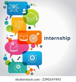 Internship concept with speech bubble. Banner with keywords and icons. Concept with icon of goal, skills, knowledge, mentoring, practice, opportunity, and training. Vector illustration.