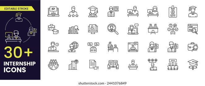 Internship Editable Stroke icon concept with icon of goal, skills, knowledge, mentoring, job, profile, people, practice, opportunity, and training. Editable Outline